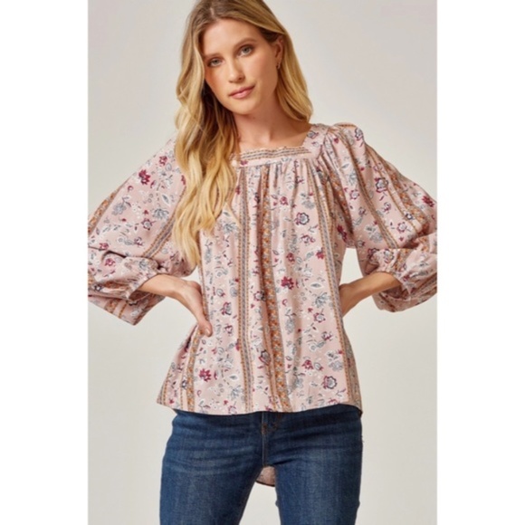 Mauve Bohemian Floral Print Peasant Long Sleeve Tie Back Square Neck Blouse - Picture 5 of 6